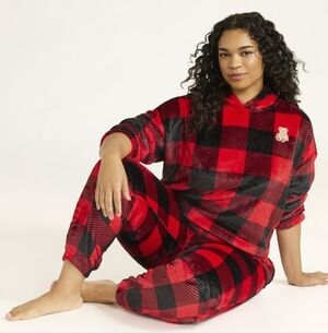 Joyspun Women's Plush Plaid Hoodie and Joggers Pajama Set  Cute Teddy Bear XS